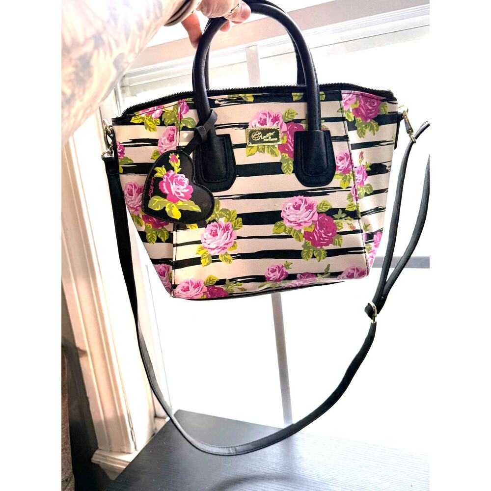 Luv Betsey by Betsey Johnson Naomi Floral & Striped Satchel Crossbody Purse Bag - Picture 5 of 7